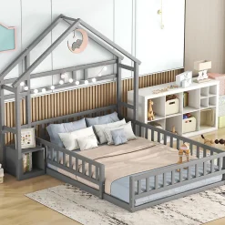 Lit cabane 140x200 cm avec table de chevet, barrières de sécurité, sommier à lattes, cadre en bois, gris>ProximaX Discount