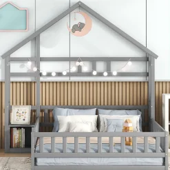 Lit cabane 140x200 cm avec table de chevet, barrières de sécurité, sommier à lattes, cadre en bois, gris><noscript><img width=