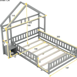 Lit cabane 140x200 cm avec table de chevet, barrières de sécurité, sommier à lattes, cadre en bois, gris><noscript><img width=