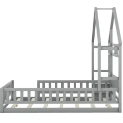 Lit cabane 140x200 cm avec table de chevet, barrières de sécurité, sommier à lattes, cadre en bois, gris><noscript><img width=