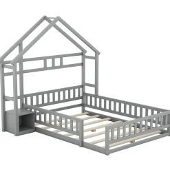 Lit cabane 140x200 cm avec table de chevet, barrières de sécurité, sommier à lattes, cadre en bois, gris><noscript><img width=