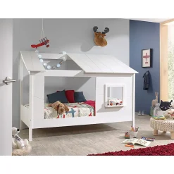 Lit Cabane 90x200 toit semi-ouvert et fenêtre Sommier inclus Vipack HouseBed - Blanc>Petits-Meubles Best