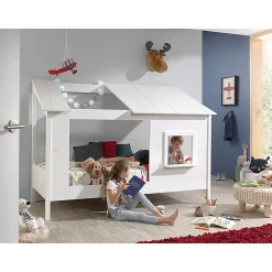 Lit Cabane 90x200 toit semi-ouvert et fenêtre Sommier inclus Vipack HouseBed - Blanc><noscript><img width=
