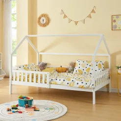 [En.Casa] Lit cabane Ydre bois de pin 120 x 200 cm blanc en.casa*Enfant Lit Enfant