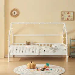 [En.Casa] Lit cabane Ydre bois de pin 90 x 200 cm blanc en.casa*Enfant Lit Enfant