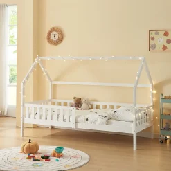 [En.Casa] Lit cabane Ydre bois de pin 90 x 200 cm blanc en.casa*Enfant Lit Enfant