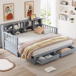 Redom Lit canapé extensible bois massif 90 180 par 190 cm rangement prise deux tiroirs sommier multifonction pin gris 1* Lit Avec Rangement