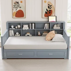 Redom Lit canapé extensible bois massif 90 180 par 190 cm rangement prise deux tiroirs sommier multifonction pin gris 1* Lit Avec Rangement