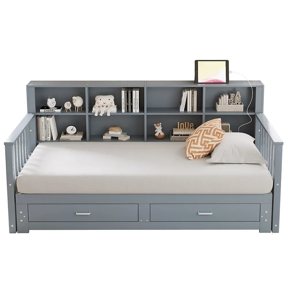 Redom Lit canapé extensible bois massif 90 180 par 190 cm rangement prise deux tiroirs sommier multifonction pin gris 1* Lit Avec Rangement