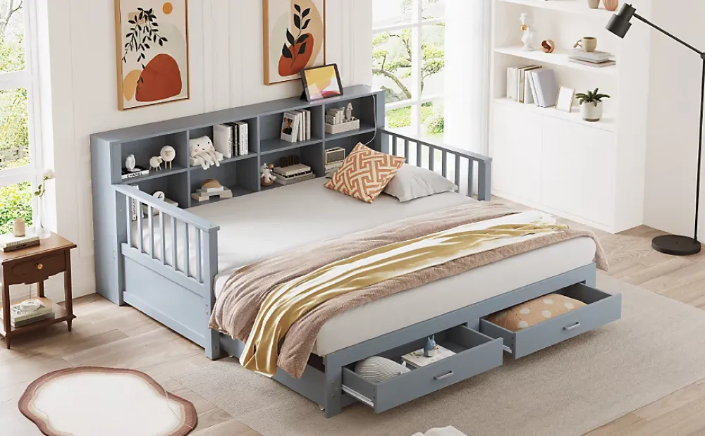 Redom Lit canapé extensible bois massif 90 180 par 190 cm rangement prise deux tiroirs sommier multifonction pin gris 1* Lit Avec Rangement