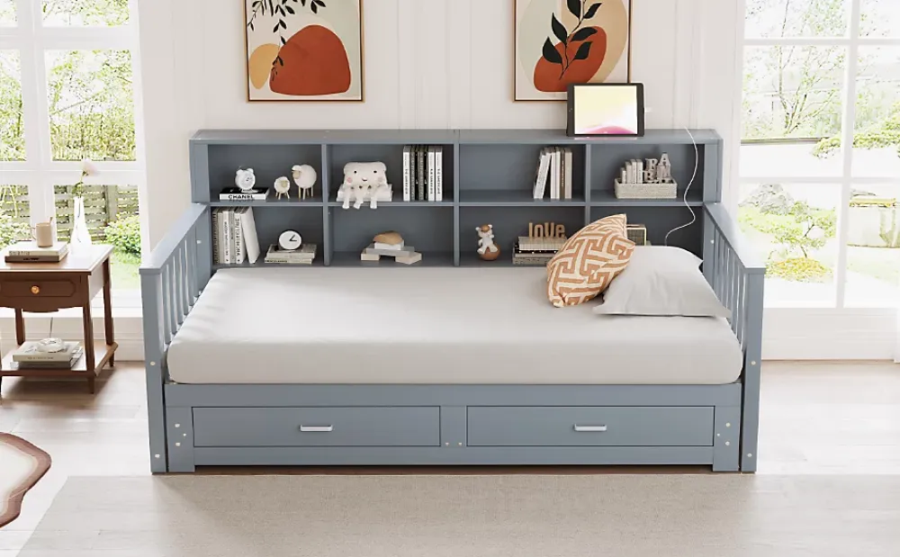 Redom Lit canapé extensible bois massif 90 180 par 190 cm rangement prise deux tiroirs sommier multifonction pin gris 1* Lit Avec Rangement