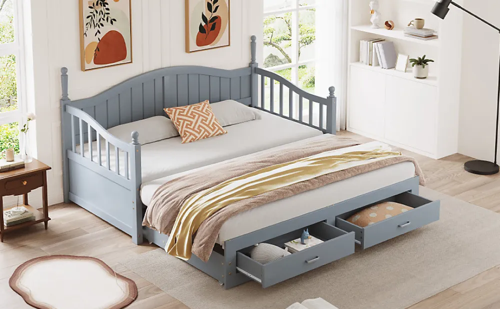 Lit canapé extensible pin 90 190 par 180 190 colonnes dossier accoudoirs tiroirs sommier multifonction gris>Redom New