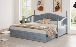 Lit canapé extensible pin 90 190 par 180 190 colonnes dossier accoudoirs tiroirs sommier multifonction gris><noscript><img width=
