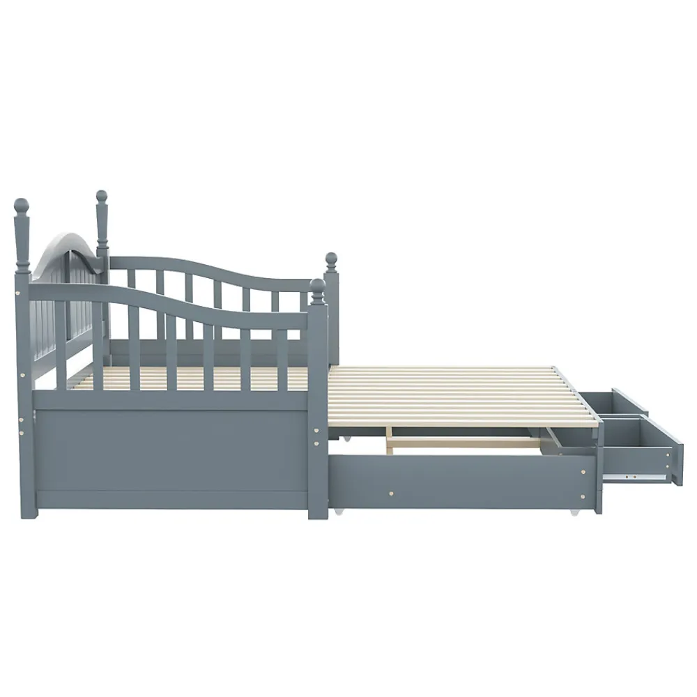 Lit canapé extensible pin 90 190 par 180 190 colonnes dossier accoudoirs tiroirs sommier multifonction gris>Redom New