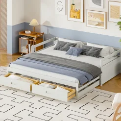 Redom Lit canapé extensible quatre vingt dix cent quatre vingt par deux cents bois de pin avec tiroirs sommier rangement blanc* Lit Avec Rangement