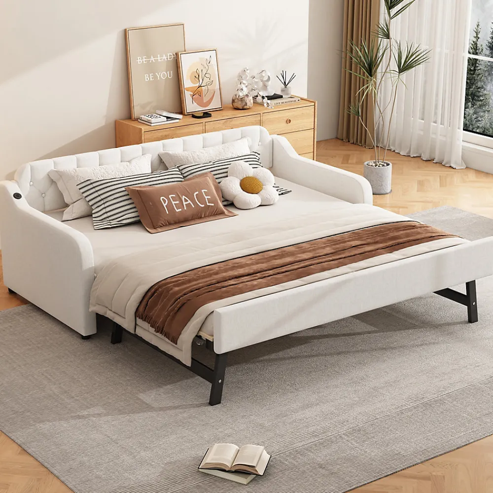 Lit Canapé 90x200cm, Avec Lit Escamotable, USB, Beige>Fortuna lai Best