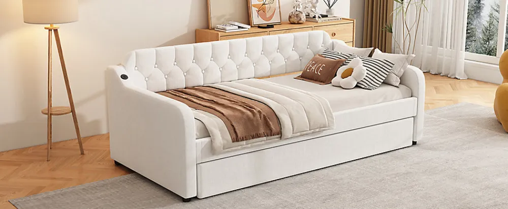 Lit Canapé 90x200cm, Avec Lit Escamotable, USB, Beige>Fortuna lai Best