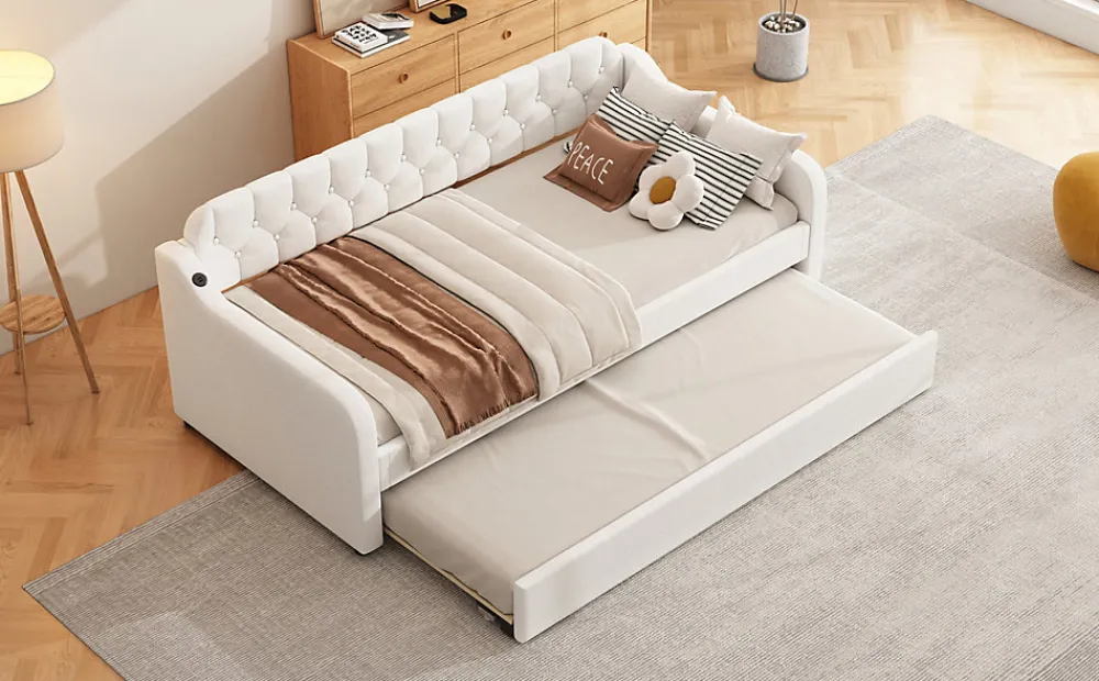 Lit Canapé 90x200cm, Avec Lit Escamotable, USB, Beige>Fortuna lai Best