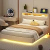 Redom Lit capitonné 140 sur 200 cm avec port USB lumière LED tête de lit réversible tissu en lin beige pour adulte* Lit Double