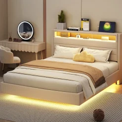 Redom Lit capitonné 140 sur 200 cm avec port USB lumière LED tête de lit réversible tissu en lin beige pour adulte* Lit Double