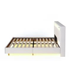 Redom Lit capitonné 140 sur 200 cm avec port USB lumière LED tête de lit réversible tissu en lin beige pour adulte* Lit Double