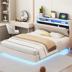 Redom Lit capitonné 140 sur 200 cm avec port USB lumière LED tête de lit réversible tissu en lin beige pour adulte* Lit Double