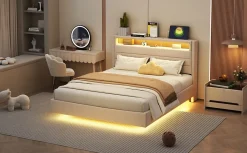 Redom Lit capitonné 140 sur 200 cm avec port USB lumière LED tête de lit réversible tissu en lin beige pour adulte* Lit Double