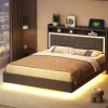Lit capitonné 140 sur 200 cm avec port USB lumière LED tête de lit modulable pieds cachés tissu en lin gris>Redom Discount