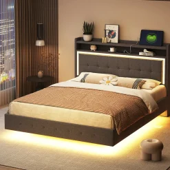 Lit capitonné 140 sur 200 cm avec port USB lumière LED tête de lit modulable pieds cachés tissu en lin gris>Redom Discount