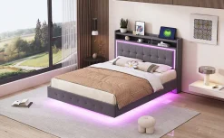 Lit capitonné 140 sur 200 cm avec port USB lumière LED tête de lit modulable pieds cachés tissu en lin gris>Redom Discount