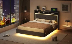 Lit capitonné 140 sur 200 cm avec port USB lumière LED tête de lit modulable pieds cachés tissu en lin gris><noscript><img width=