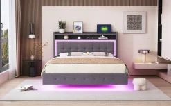 Lit capitonné 140 sur 200 cm avec port USB lumière LED tête de lit modulable pieds cachés tissu en lin gris><noscript><img width=