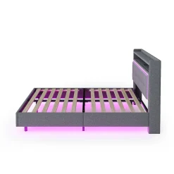 Lit capitonné 140 sur 200 cm avec port USB lumière LED tête de lit modulable pieds cachés tissu en lin gris><noscript><img width=