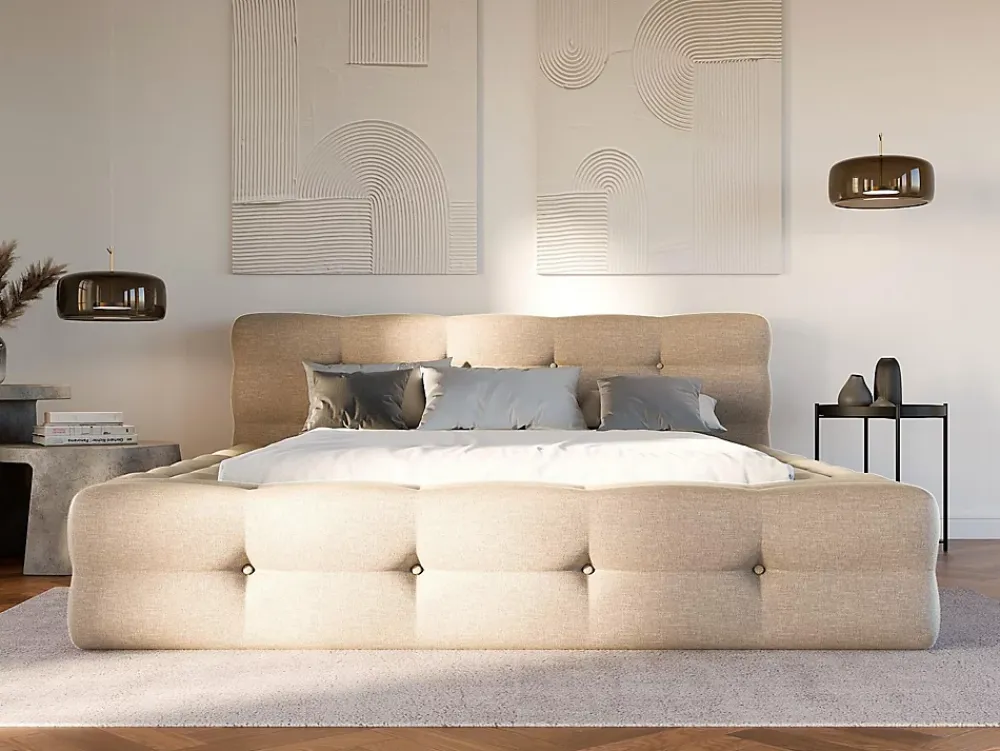 Vente-unique Lit capitonné 160 x 200 cm - Tissu chiné - Beige - LERUCO* Lit Double