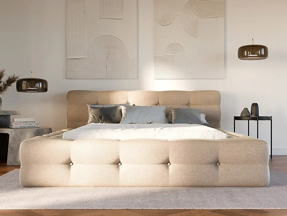 Vente-unique Lit capitonné 140 x 190 cm - Tissu chiné - Beige + Sommier + Matelas - LERUCO* Lit Double