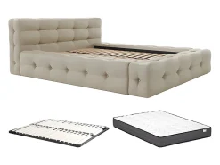 Vente-unique Lit capitonné 140 x 190 cm - Tissu chiné - Beige + Sommier + Matelas - LERUCO* Lit Double