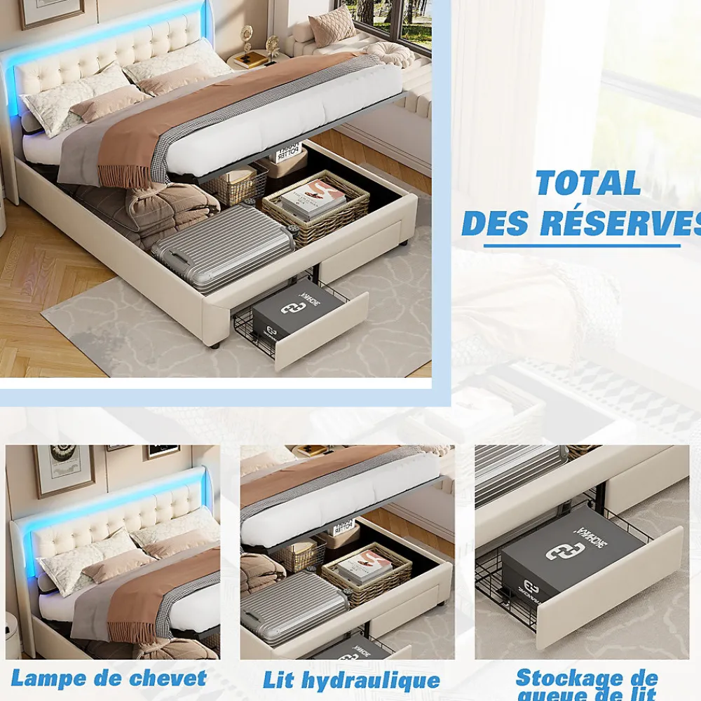 Lit capitonné, 180 x 200 cm, avec éclairage LED, espace de rangement et sommier à lattes, en cuir synthétique,sans matelas>Fortuna lai Online