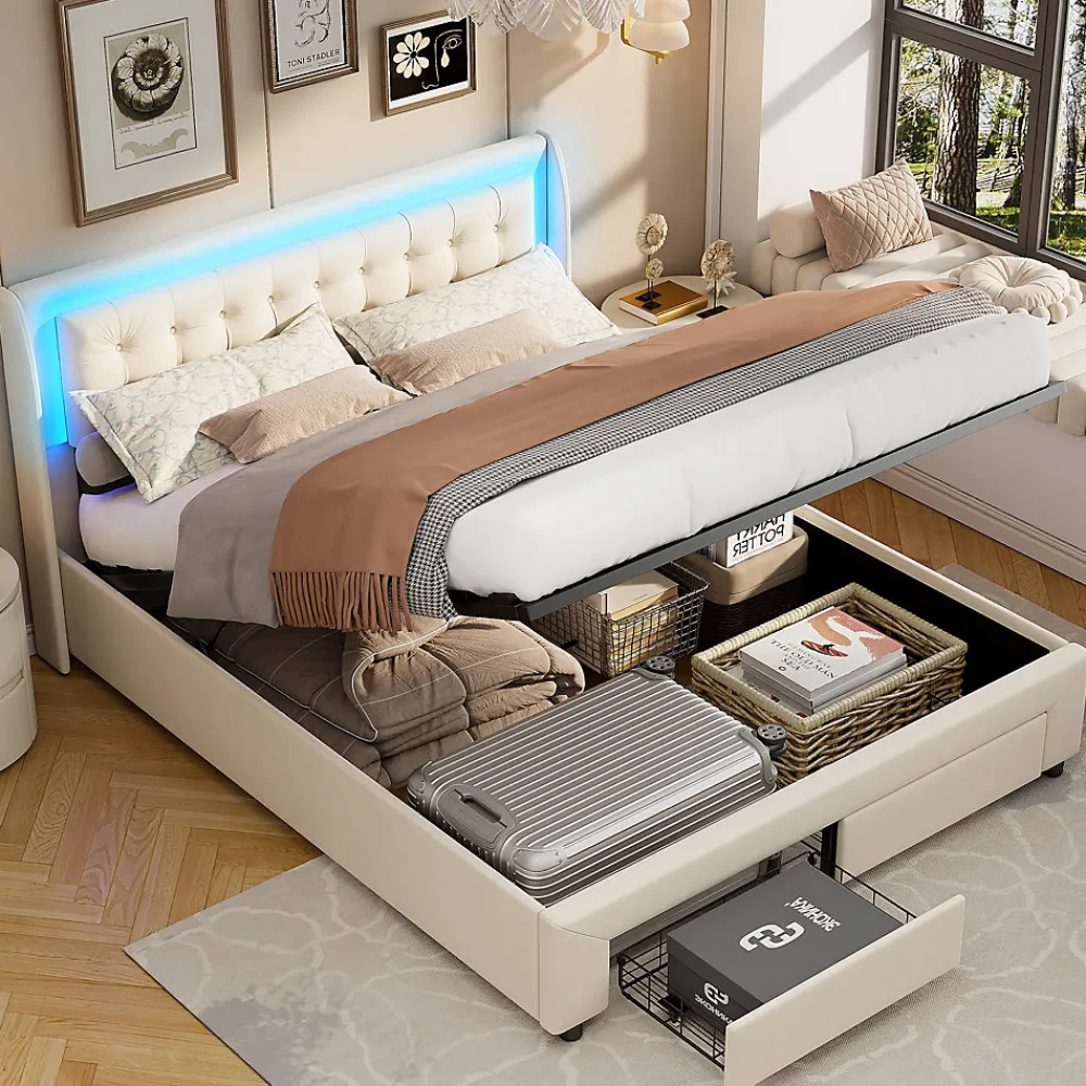 Lit capitonné, 180 x 200 cm, avec éclairage LED, espace de rangement et sommier à lattes, en cuir synthétique,sans matelas>Fortuna lai Online