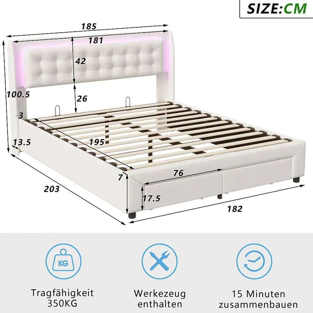 Lit capitonné, 180 x 200 cm, avec éclairage LED, espace de rangement et sommier à lattes, en cuir synthétique,sans matelas>Fortuna lai Online
