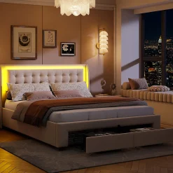 Lit capitonné, 180 x 200 cm, avec éclairage LED, espace de rangement et sommier à lattes, en cuir synthétique,sans matelas><noscript><img width=