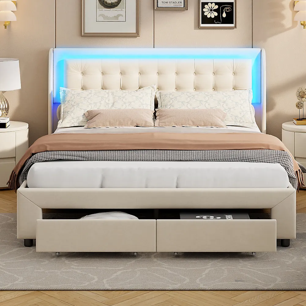 Lit capitonné, 180 x 200 cm, avec éclairage LED, espace de rangement et sommier à lattes, en cuir synthétique,sans matelas>Fortuna lai Online