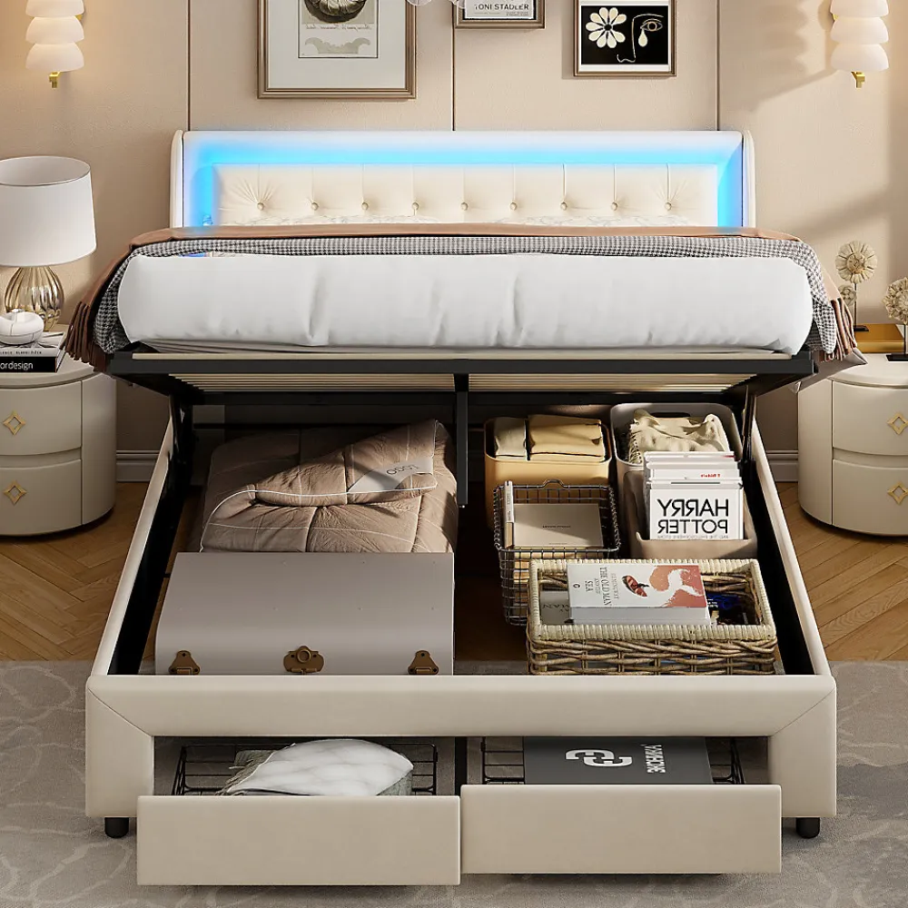 Lit capitonné, 180 x 200 cm, avec éclairage LED, espace de rangement et sommier à lattes, en cuir synthétique,sans matelas>Fortuna lai Online
