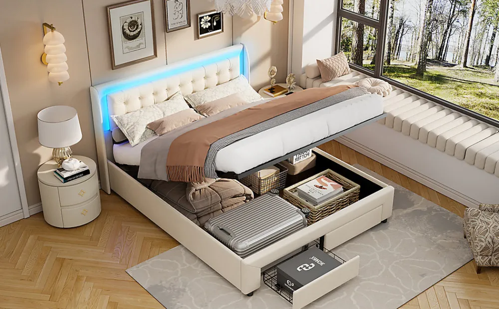 Lit capitonné, 180 x 200 cm, avec éclairage LED, espace de rangement et sommier à lattes, en cuir synthétique,sans matelas>Fortuna lai Online