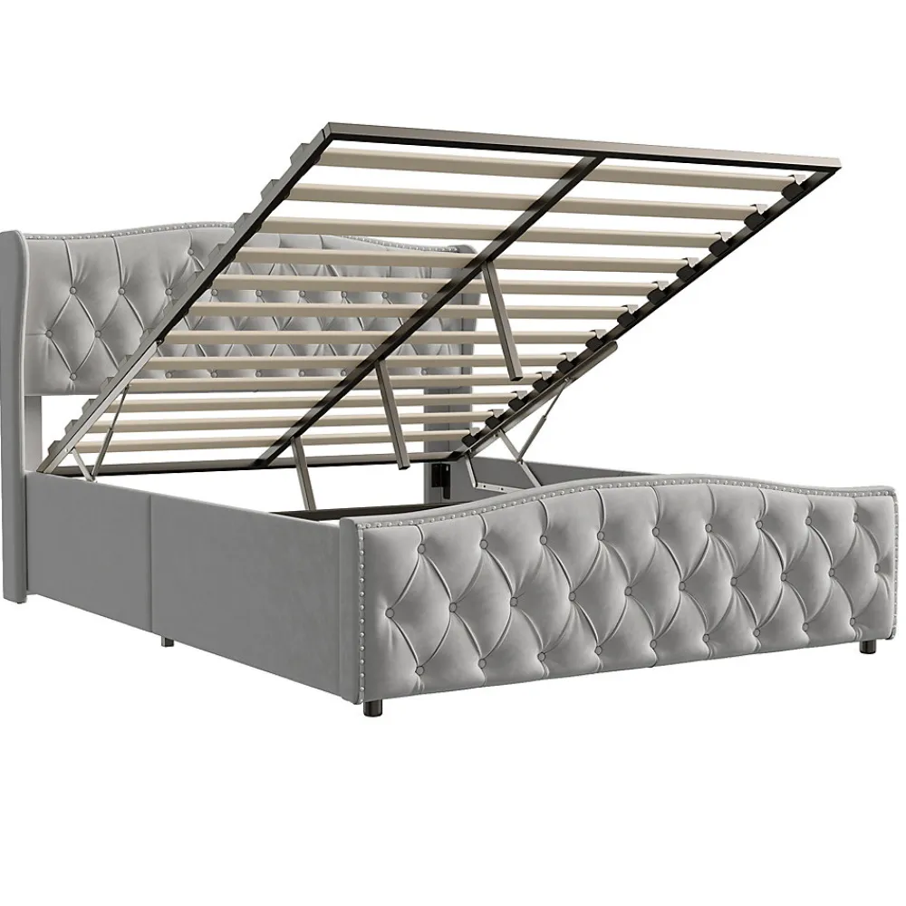 Lit Capitonné, 140 X 200 Cm, Avec Sommier à Lattes Et Rangement, Hydraulique Double, Velours>Simple Life Hot
