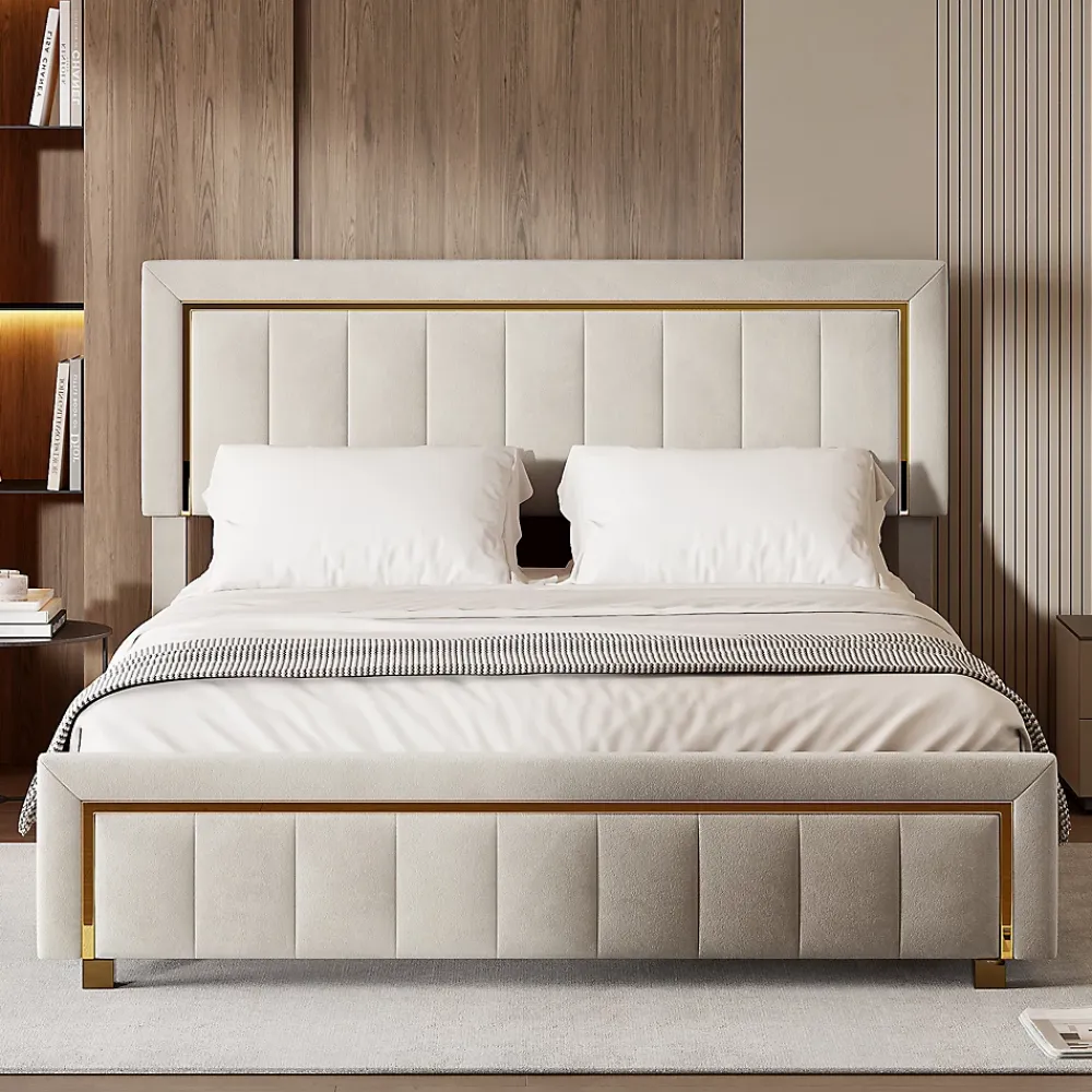 Fortuna lai Lit capitonné, 160 x 200 cm, avec tête de lit et espace de rangement, en velours beige* Lit Coffre