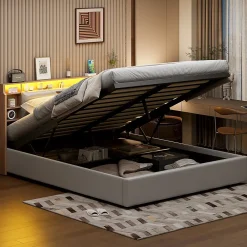 Fortuna lai Lit capitonné, 160 x 200 cm, avec fonction de charge USB de type C, éclairage LED et 4 tiroirs, sommier à lattes en bois* Lit Coffre