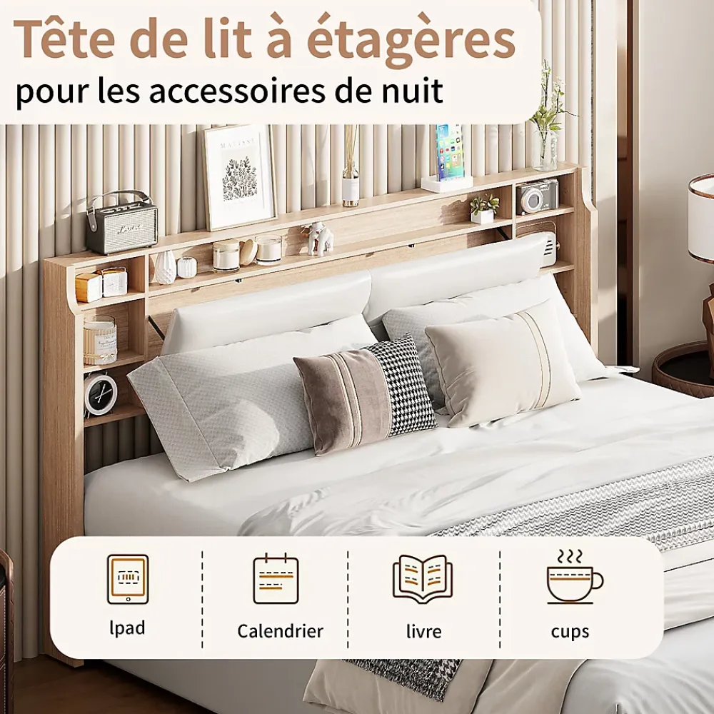 Fortuna lai Lit capitonné, 160 x 200 cm, avec fonction de charge USB de type C, éclairage LED et 4 tiroirs, sommier à lattes en bois* Lit Coffre