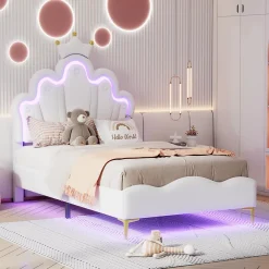Simple Life Lit Capitonné 90 X 200 Cm,en Forme De Couronne,en Cuir Pu,lit LED Avec Sommier à Lattes,blanc* Lit Coffre