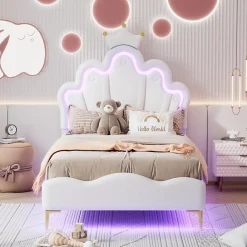 Simple Life Lit Capitonné 90 X 200 Cm,en Forme De Couronne,en Cuir Pu,lit LED Avec Sommier à Lattes,blanc* Lit Coffre
