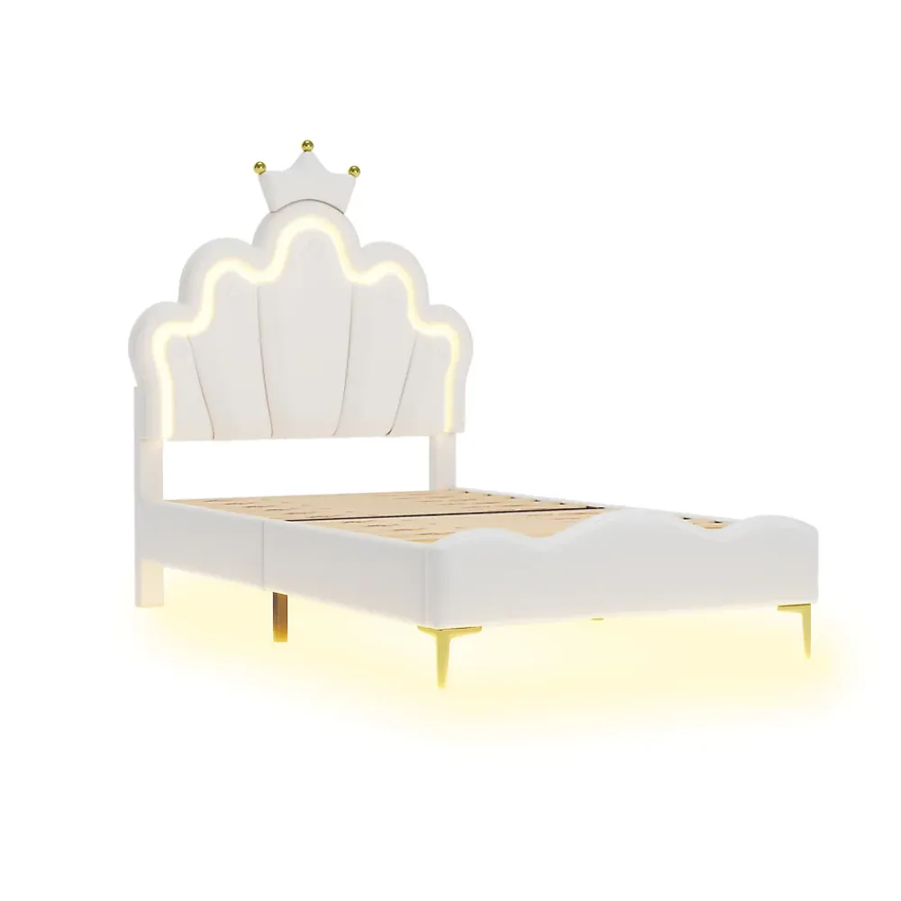 Simple Life Lit Capitonné 90 X 200 Cm,en Forme De Couronne,en Cuir Pu,lit LED Avec Sommier à Lattes,blanc* Lit Coffre